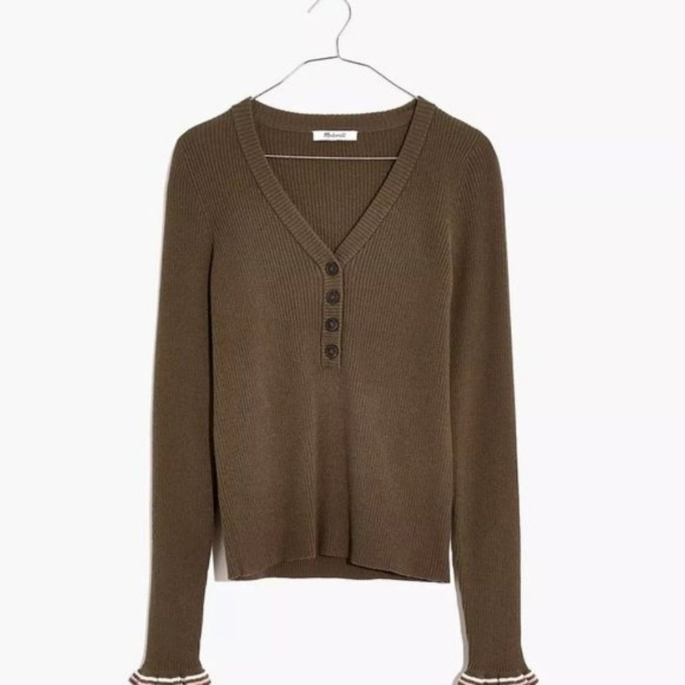 Madewell Ruffle-Cuff Henley Sweater, Flaws MC845, XXS